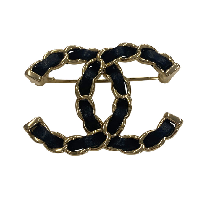 CHANEL 香奈兒 CC LOGO 經典雙C 黑色皮革穿鍊 金色胸針