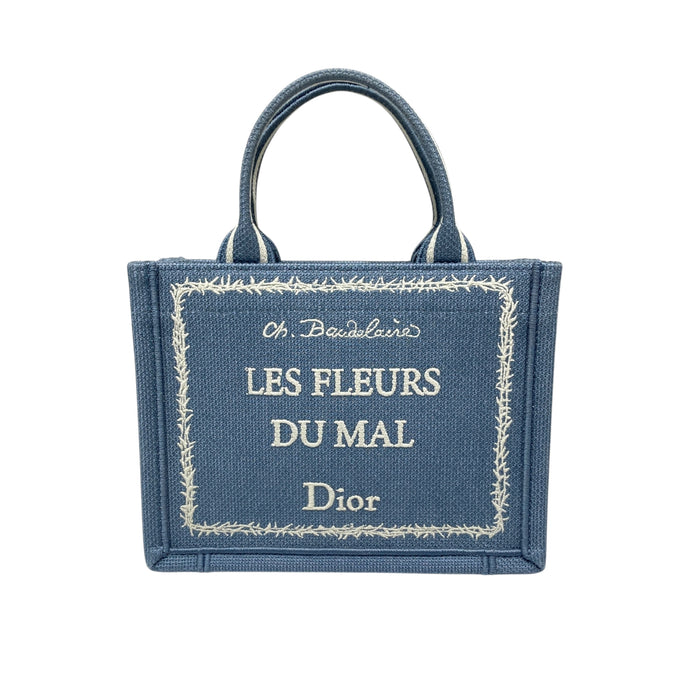 DIOR 迪奧 2026夏季 EMBROIDERY "LES FLEURS DU MAL" MINI BOOK TOTE 刺繡手提肩背包 帆布 藍色 銀釦