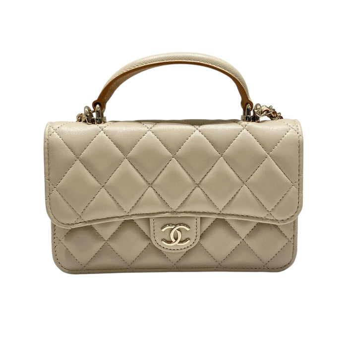 CHANEL 香奈兒 AS2431 MINI CLASSIC FLAP BAG WITH HANDLE 迷你手提翻蓋包 羊皮 淺米色 淺金釦