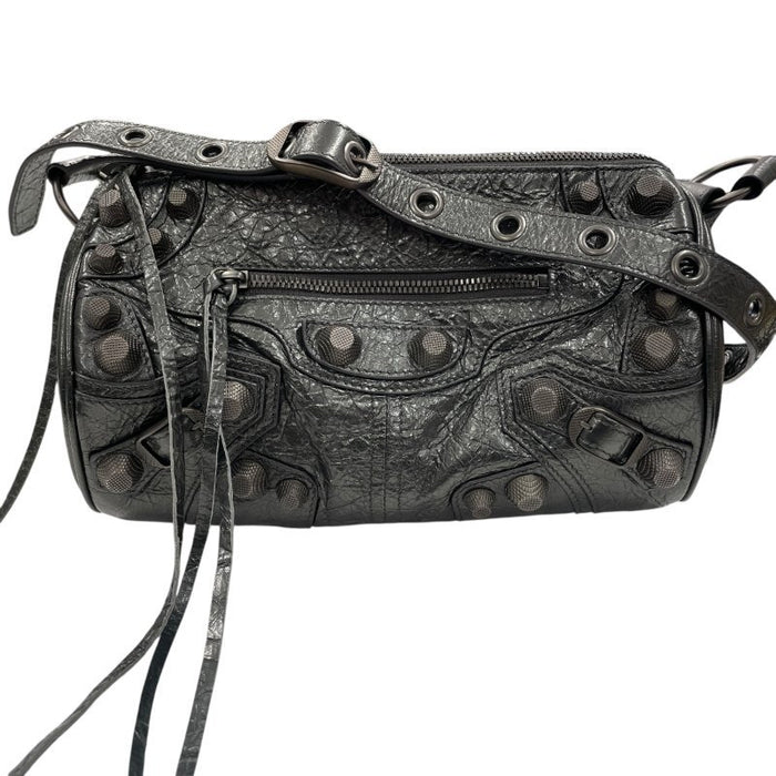 BALENCIAGA 巴黎世家 BLACK Le CAGOLE 圓筒包 皮革 鐵灰色 鎳色釦