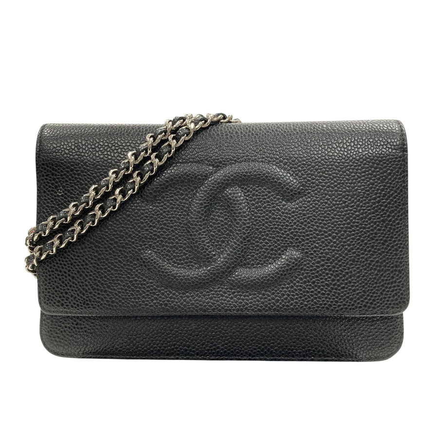 CHANEL 香奈兒 CC LOGO WOC 皮革 銀鍊條側背包 黑色