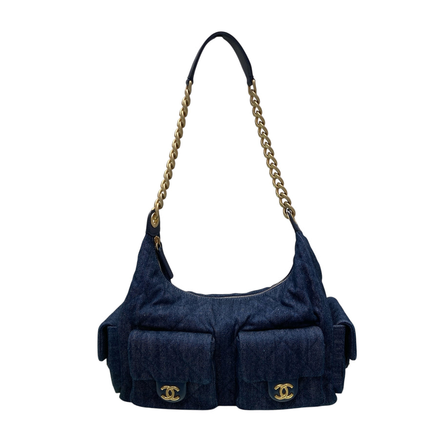 CHANEL 香奈兒 AS5339 Hobo 丹寧布雙口袋流浪包 牛仔藍