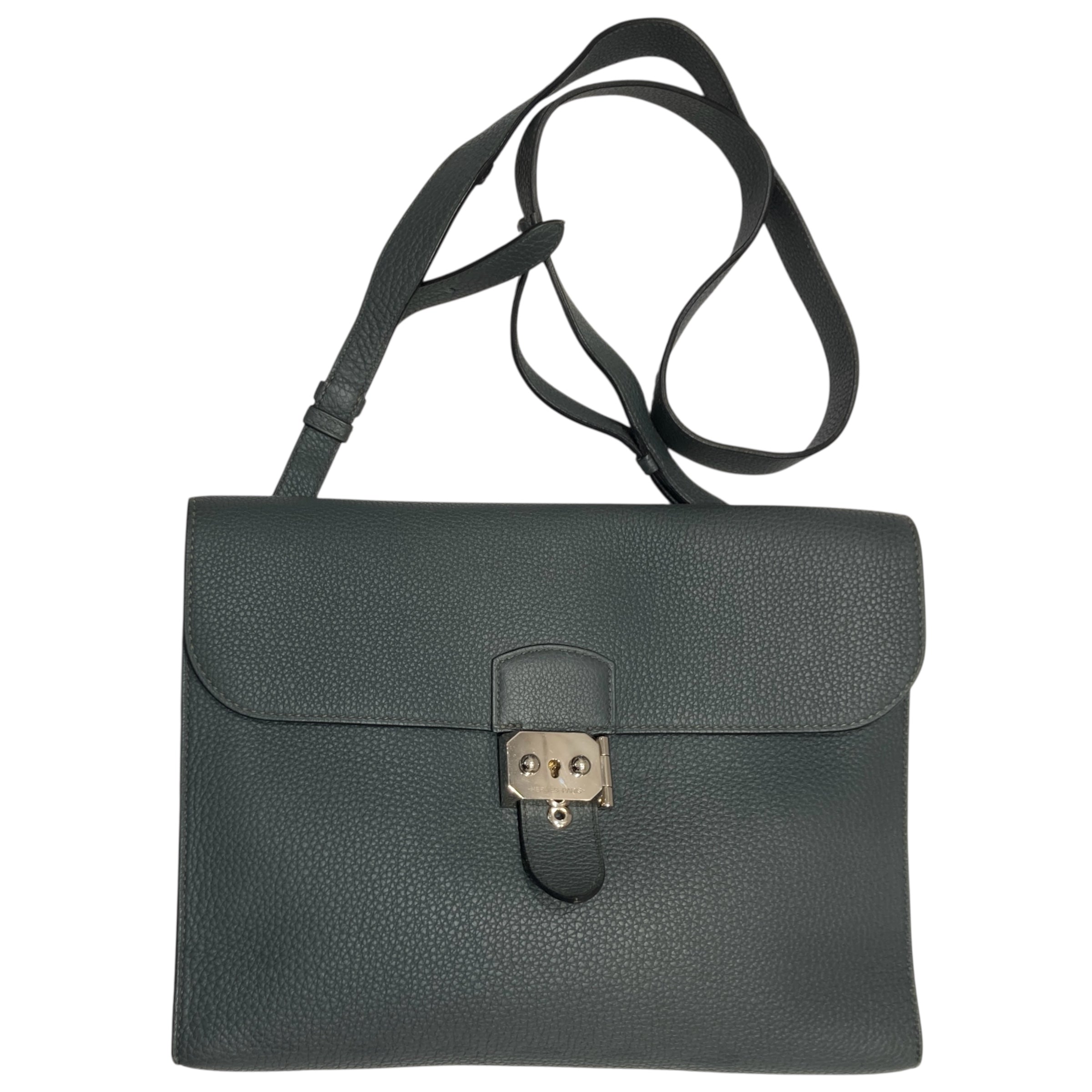 HERMÈS 愛馬仕 MESSENGER 29 肩背包 牛皮 灰綠色 銀釦