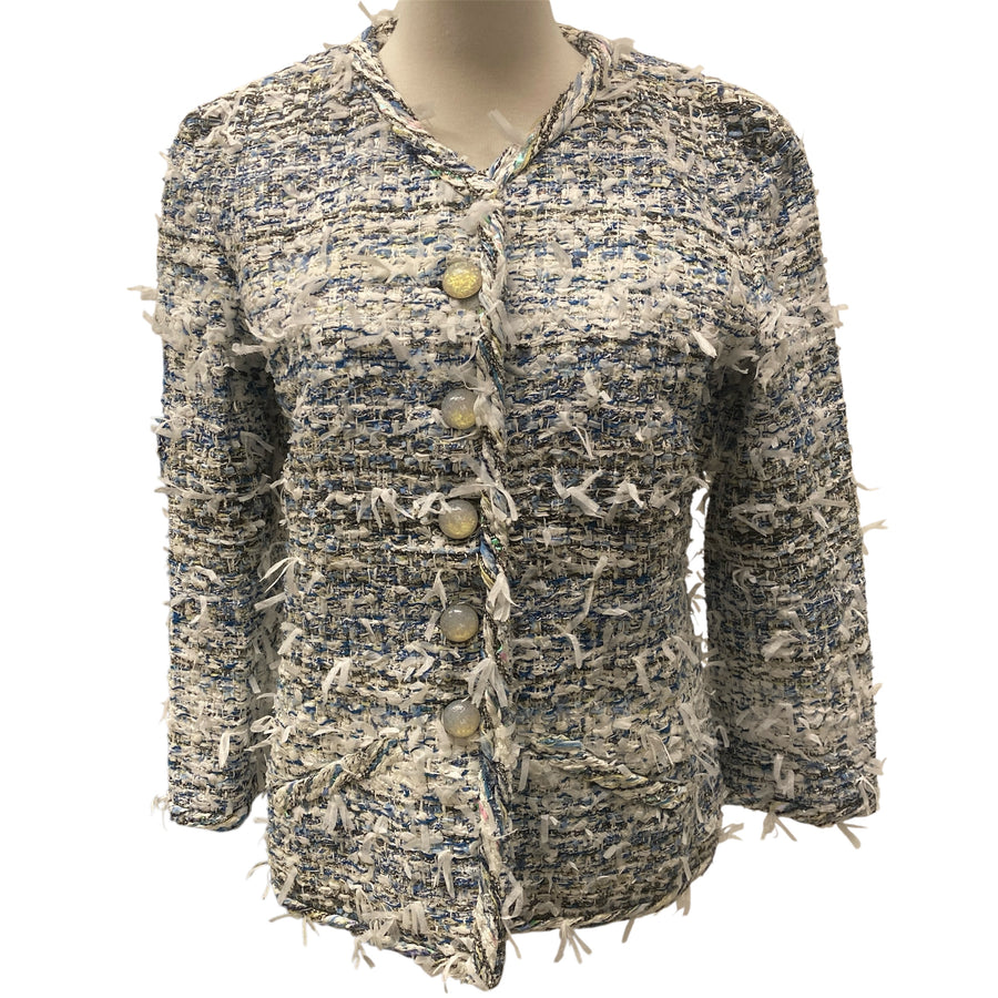 CHANEL 香奈兒 2018 SPRING-SUMMER FANTASY TWEED COLLARLESS JACKET  藍白幻彩緞帶斜紋軟呢無領外套