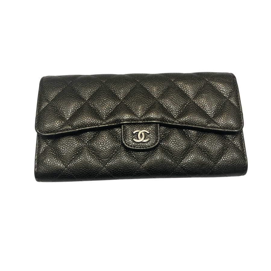 CHANEL 香奈兒 MATELASSE 口蓋長夾 荔枝皮 金屬綠 銀釦 菱格