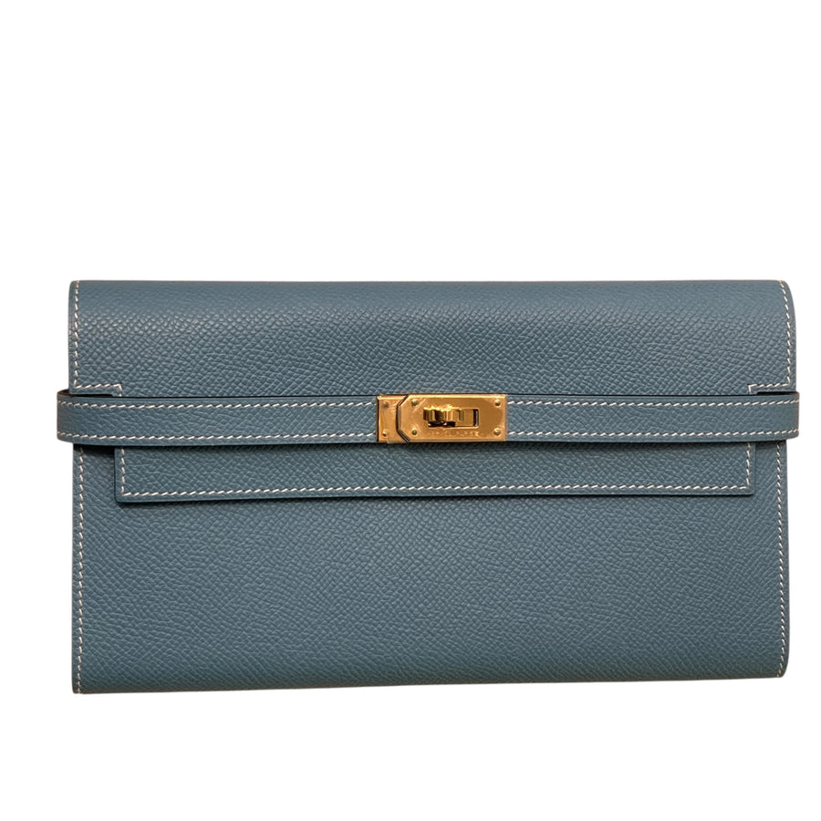 HERMES 愛馬仕 Kelly Long Wallet 🄼刻 長夾 Epsom皮 牛仔藍 金釦