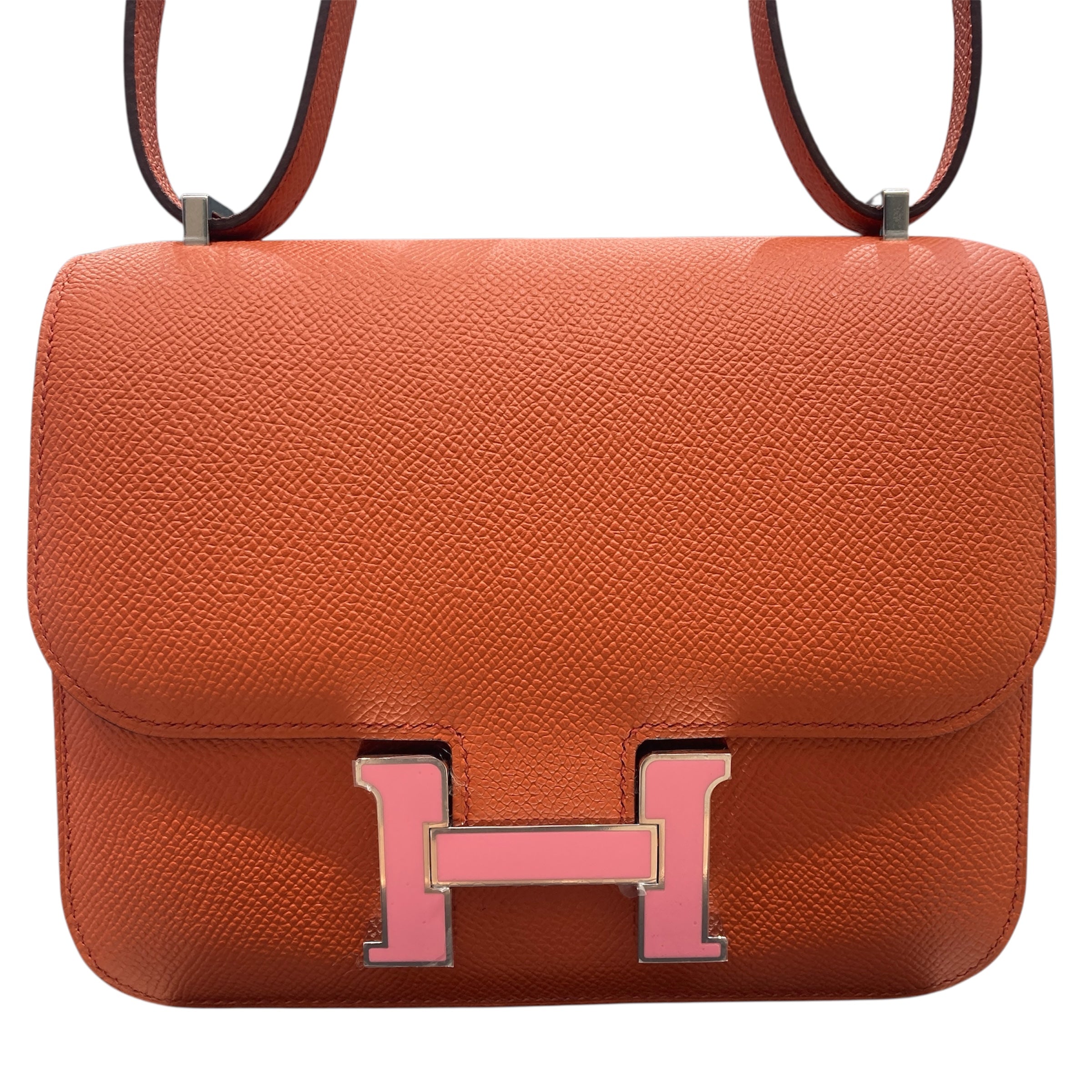 HERMES 愛馬仕 CONSTANCE19肩背包 EPSOM皮革 橘色 銀扣