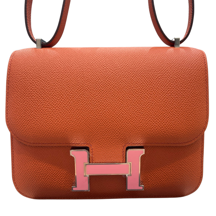 HERMES 愛馬仕 CONSTANCE18 肩背包 EPSOM皮革 橘色 銀扣