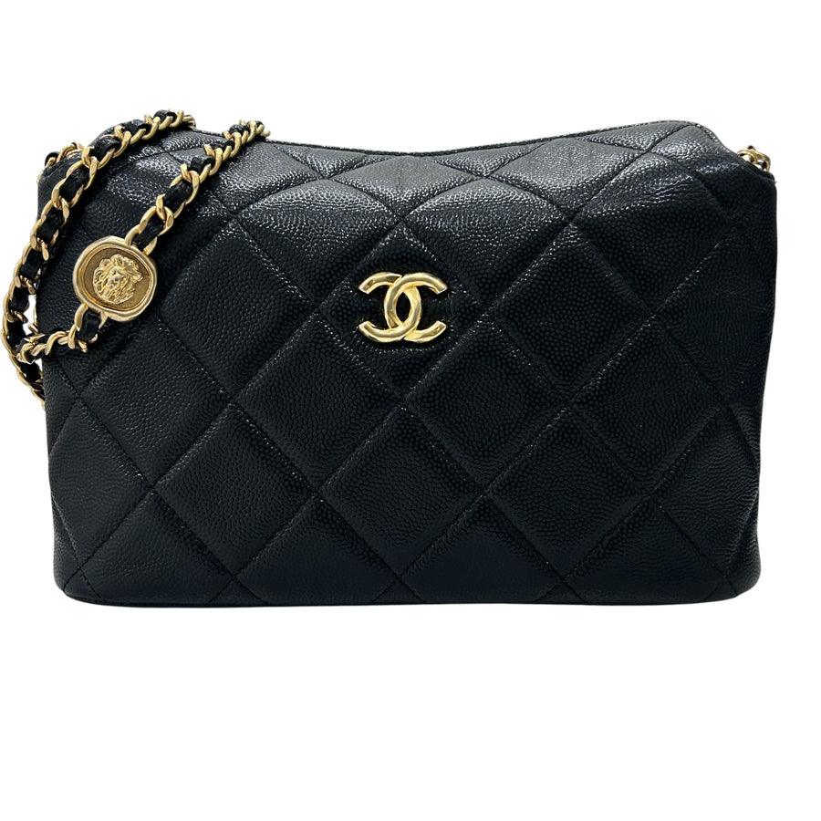 CHANEL 香奈兒 翻蓋扣包 造型鍊帶肩背包 牛皮 黑色 金扣