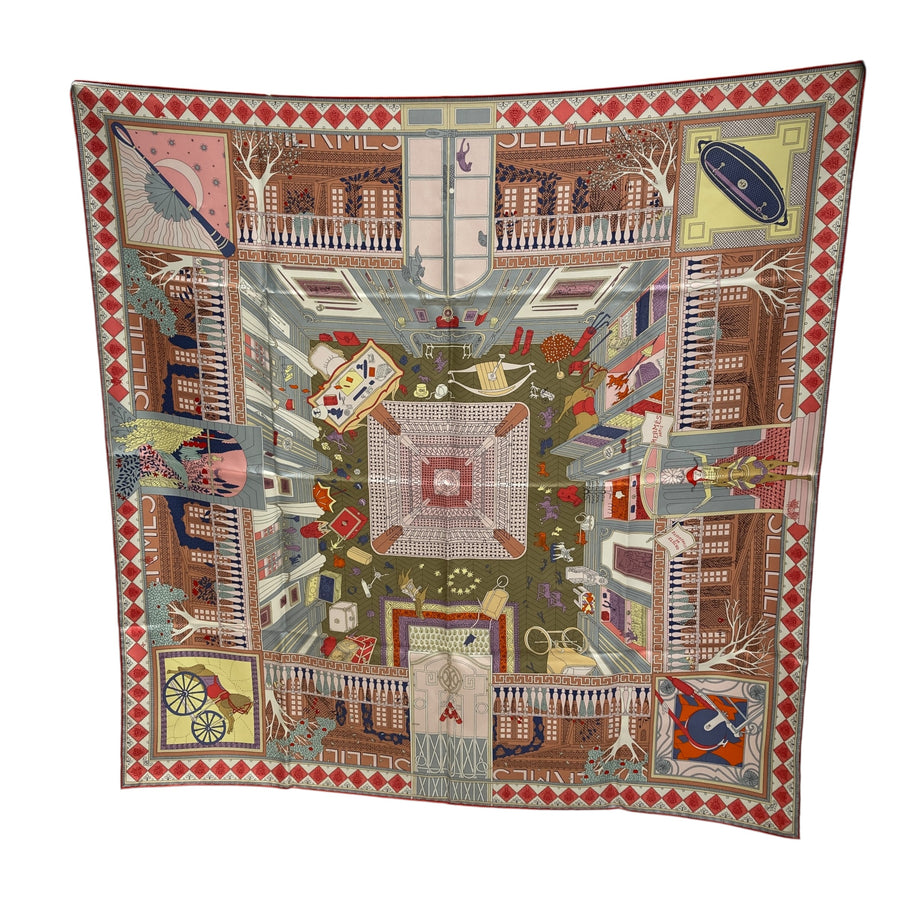 HERMES 愛馬仕 90*90cm 粉紅色建築物圖案絲巾