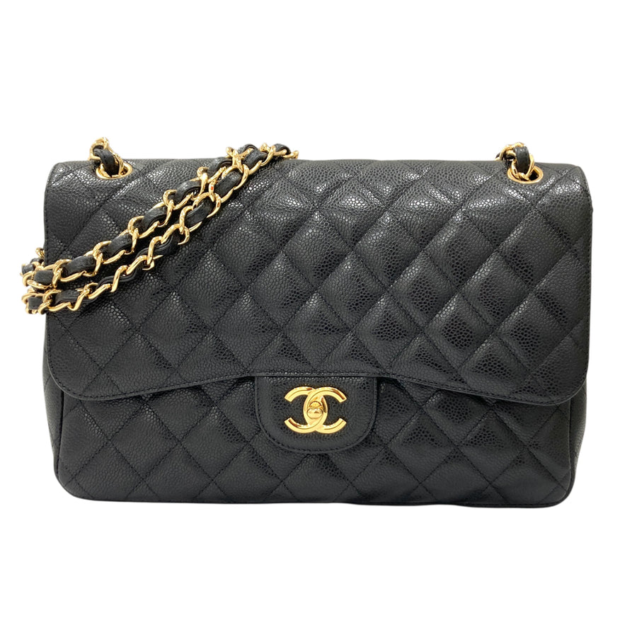 CHANEL 香奈兒 CHANEL CF30 Jumbo 雙翻蓋 荔枝牛皮 肩背包 黑色 金釦