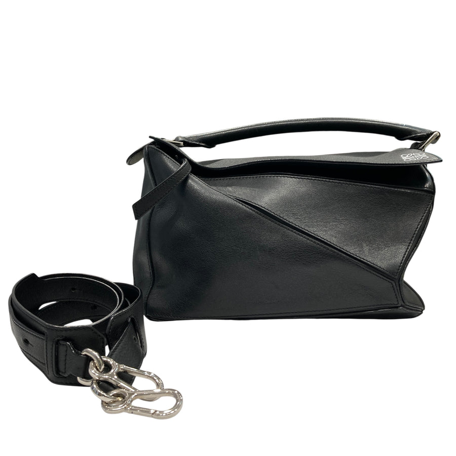 LOEWE 羅威 PUZZLE MEDIUM 中號拼圖包 皮革 黑色 銀釦
