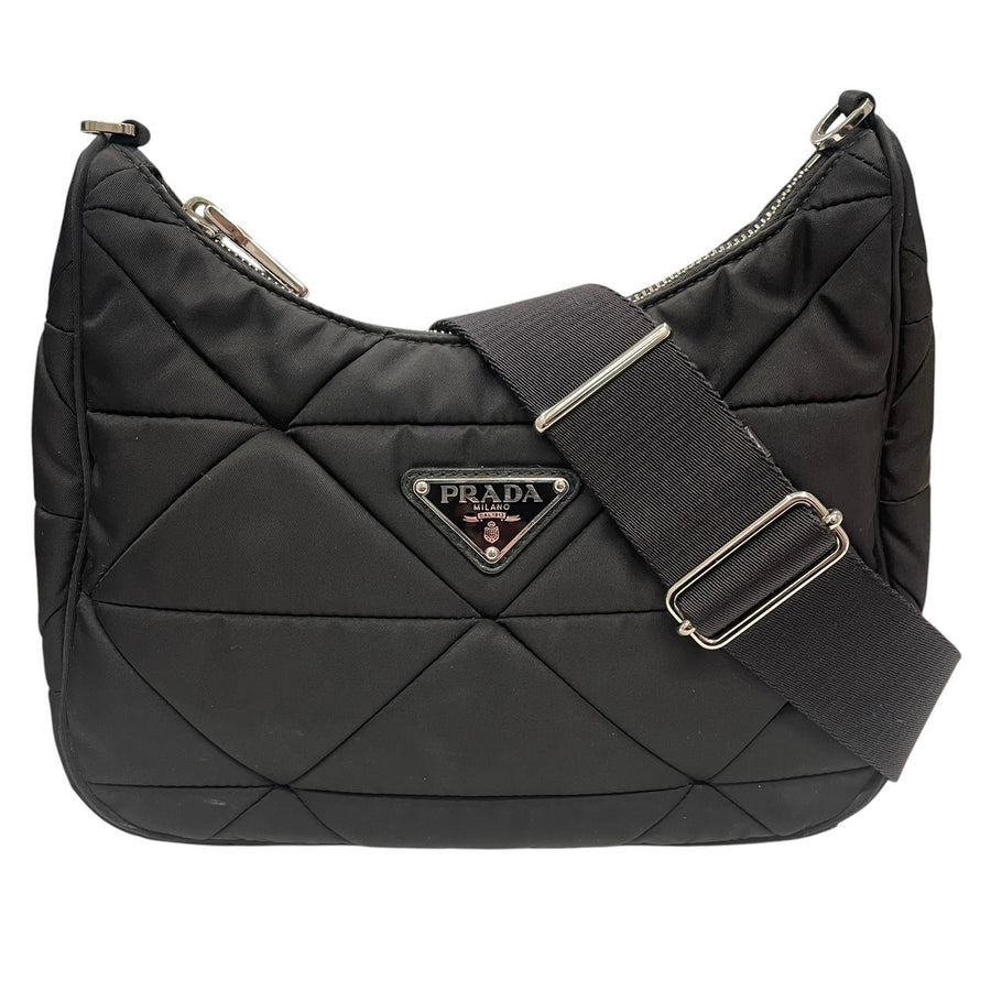 PRADA 普拉達 Re-Nylon 菱格紋單肩包   尼龍 黑色 銀釦