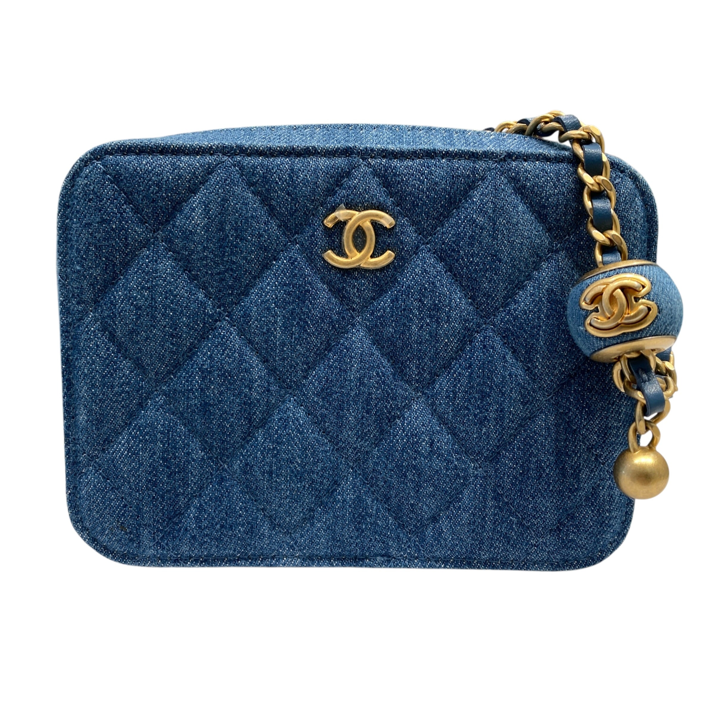 CHANEL 香奈兒 側背包 AP2463 牛仔金球相機包  藍色 金釦