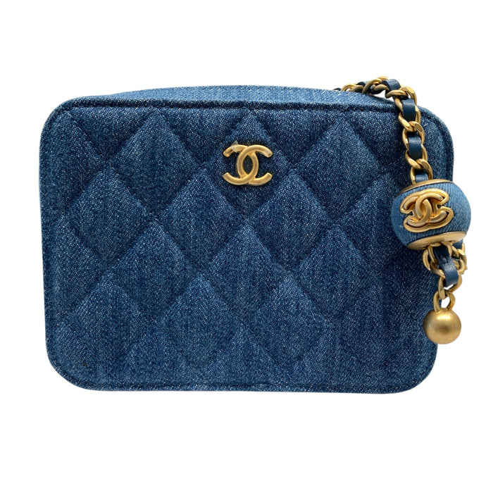 CHANEL 香奈兒 側背包 AP2463 牛仔金球相機包  藍色 金釦