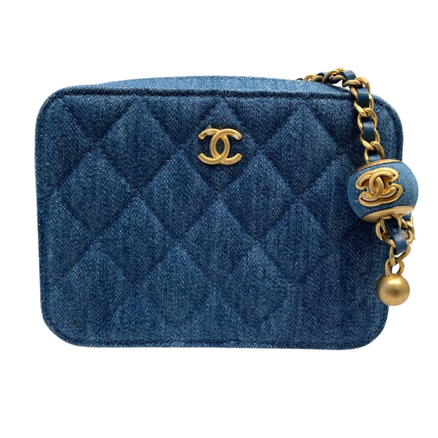CHANEL 香奈兒 側背包 AP2463 牛仔金球相機包  藍色 金釦