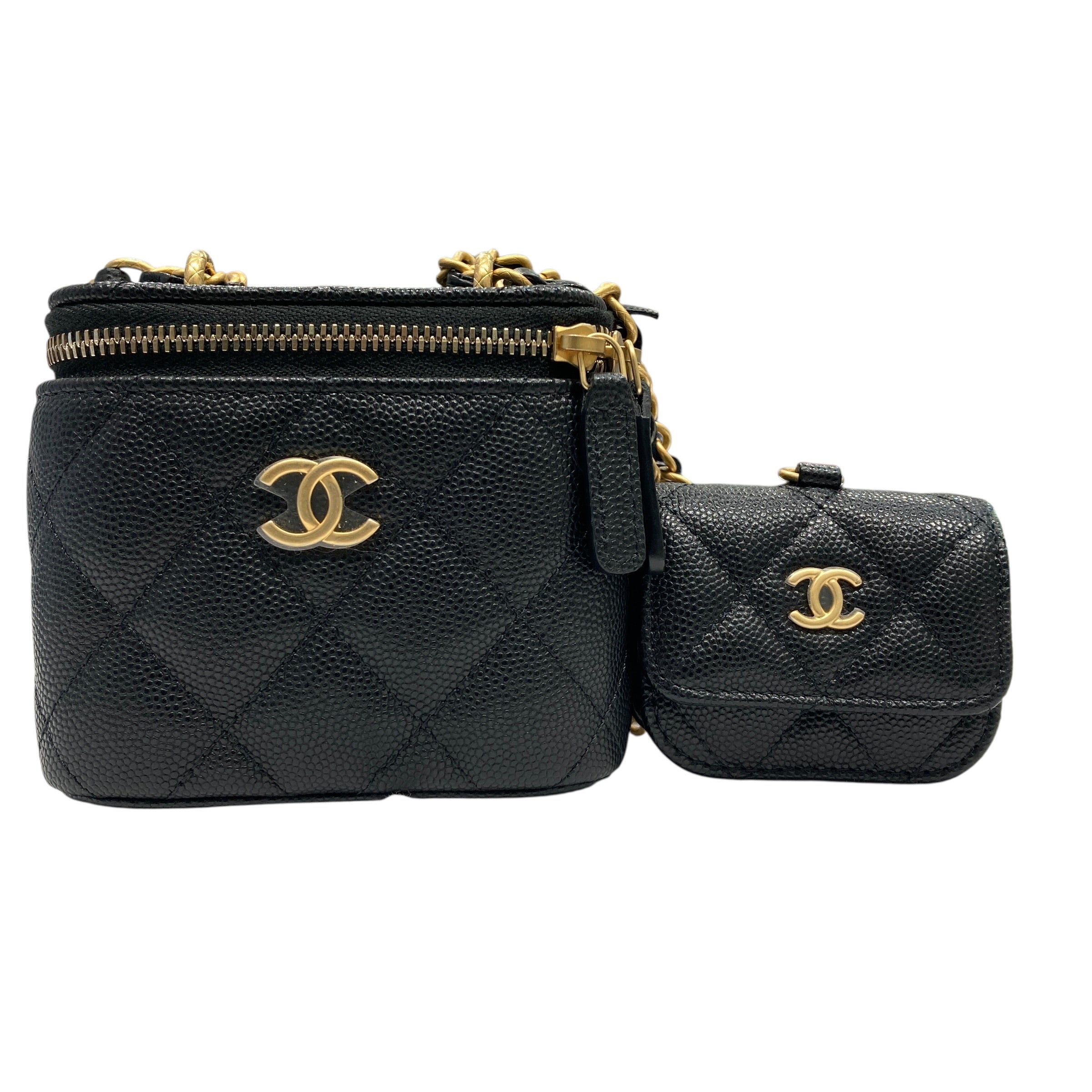 CHANEL 香奈兒 雙鏈子母化妝箱 AP3375 荔枝牛皮 黑色 金釦