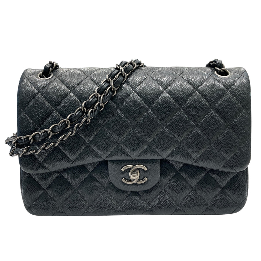 CHANEL 香奈兒 CF30 Jumbo 荔枝牛皮 黑色 銀釦