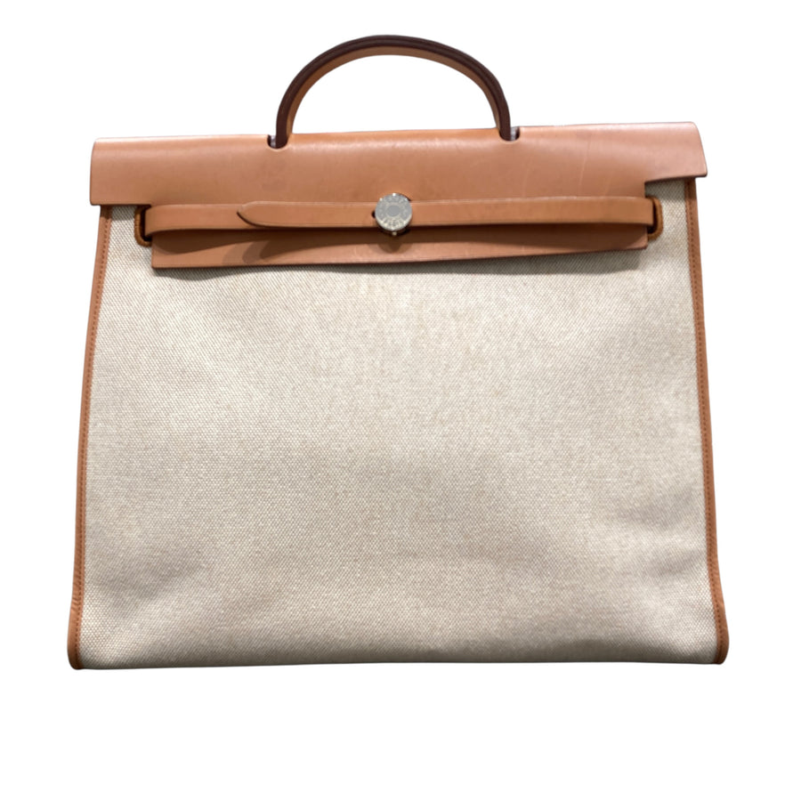 HERMES 愛馬仕 HERBAG MM  肩背包 素面 帆布 棕色 銀釦