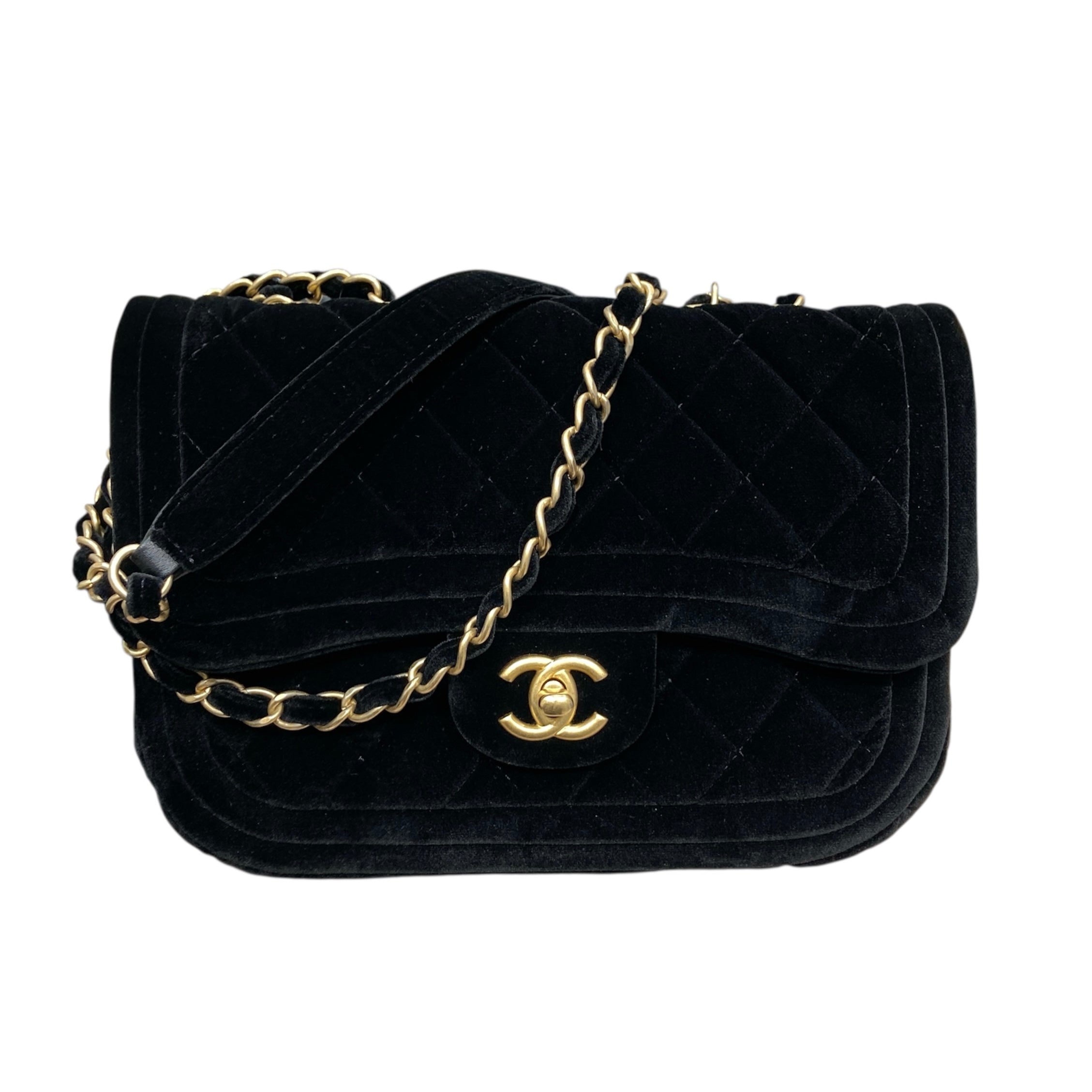 CHANEL 經典菱格紋雙蓋鏈條肩背包 絲絨 黑色 金色金具