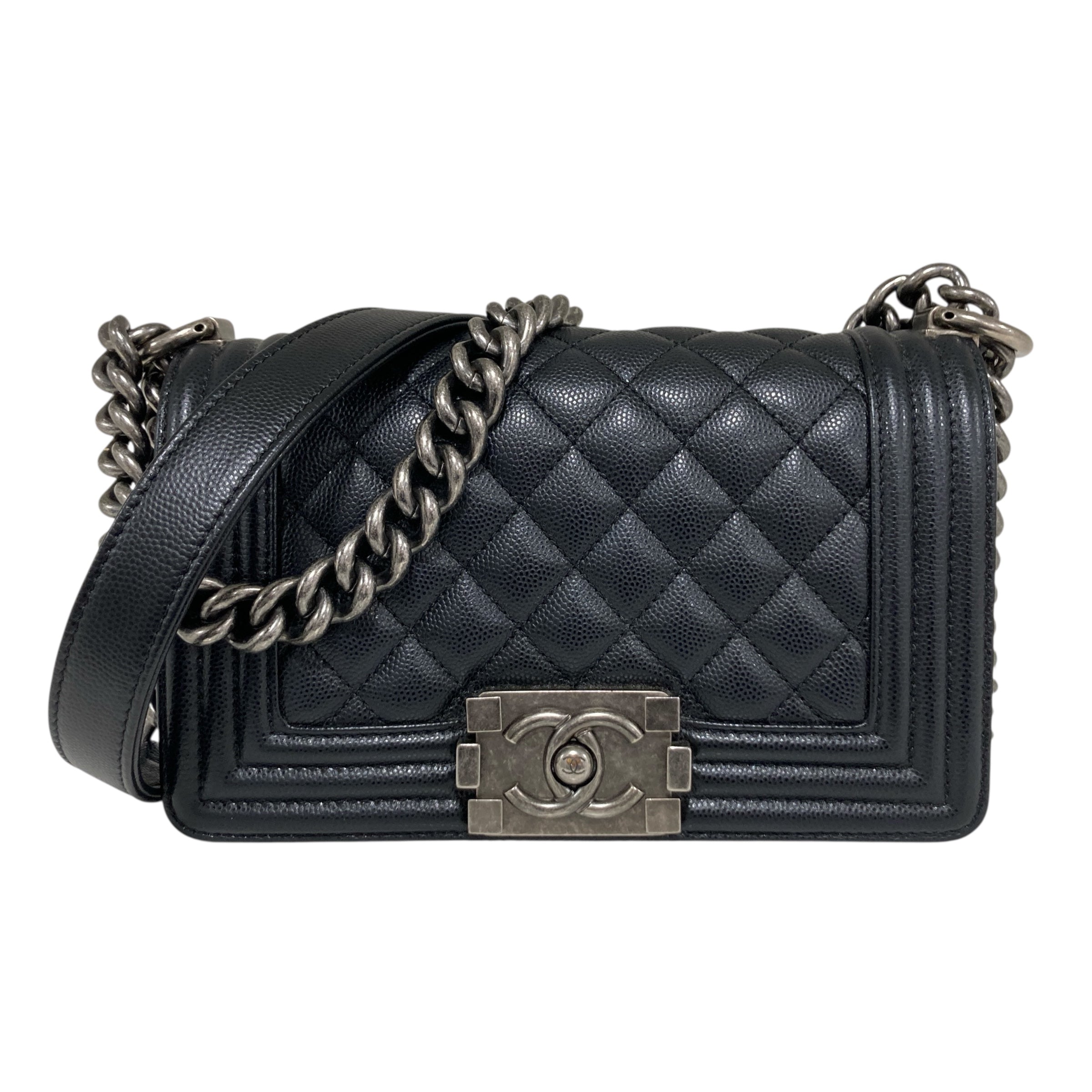 CHANEL 香奈兒 THE BOY BAG MINI 黑色 荔枝皮 魚子醬皮 銀釦