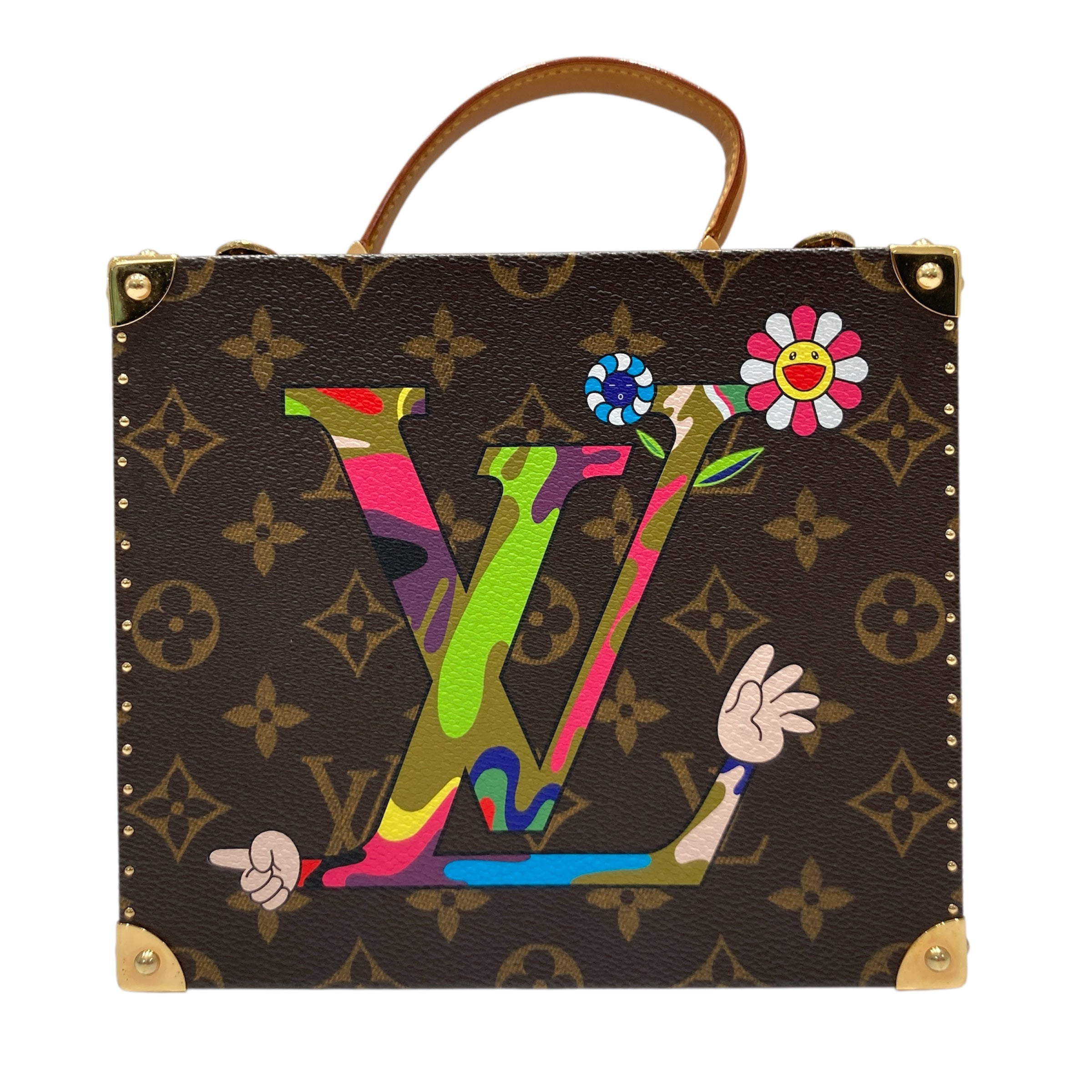 LOUIS VUITTON 路易威登 M92477 TAKASHI MURAKAMI 棕色經典老花 PVC 村上隆合作款 珠寶盒 化妝包 手提包
