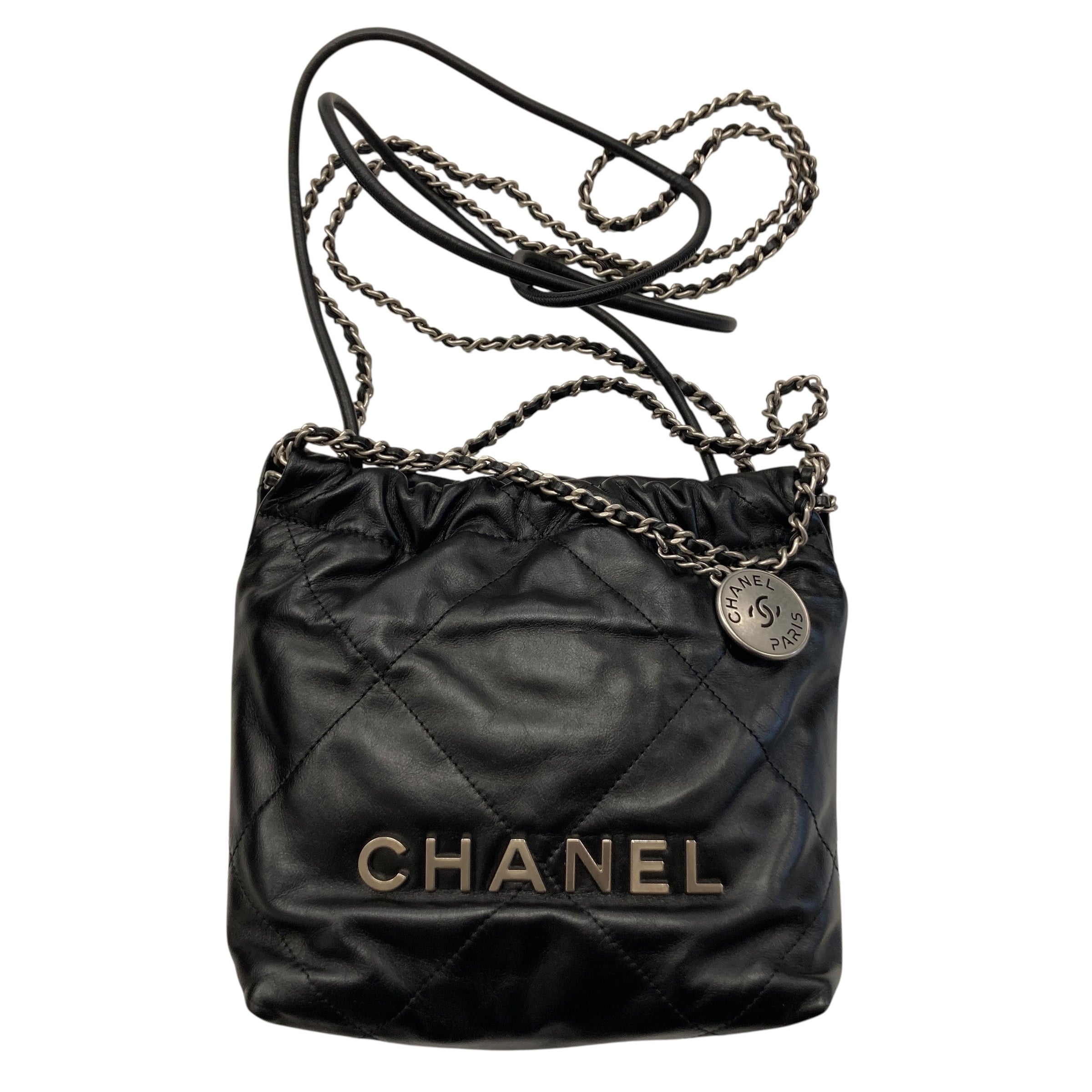CHANEL 香奈兒 22 MINI 流浪側背包 亮面小牛皮 黑色 銀釦