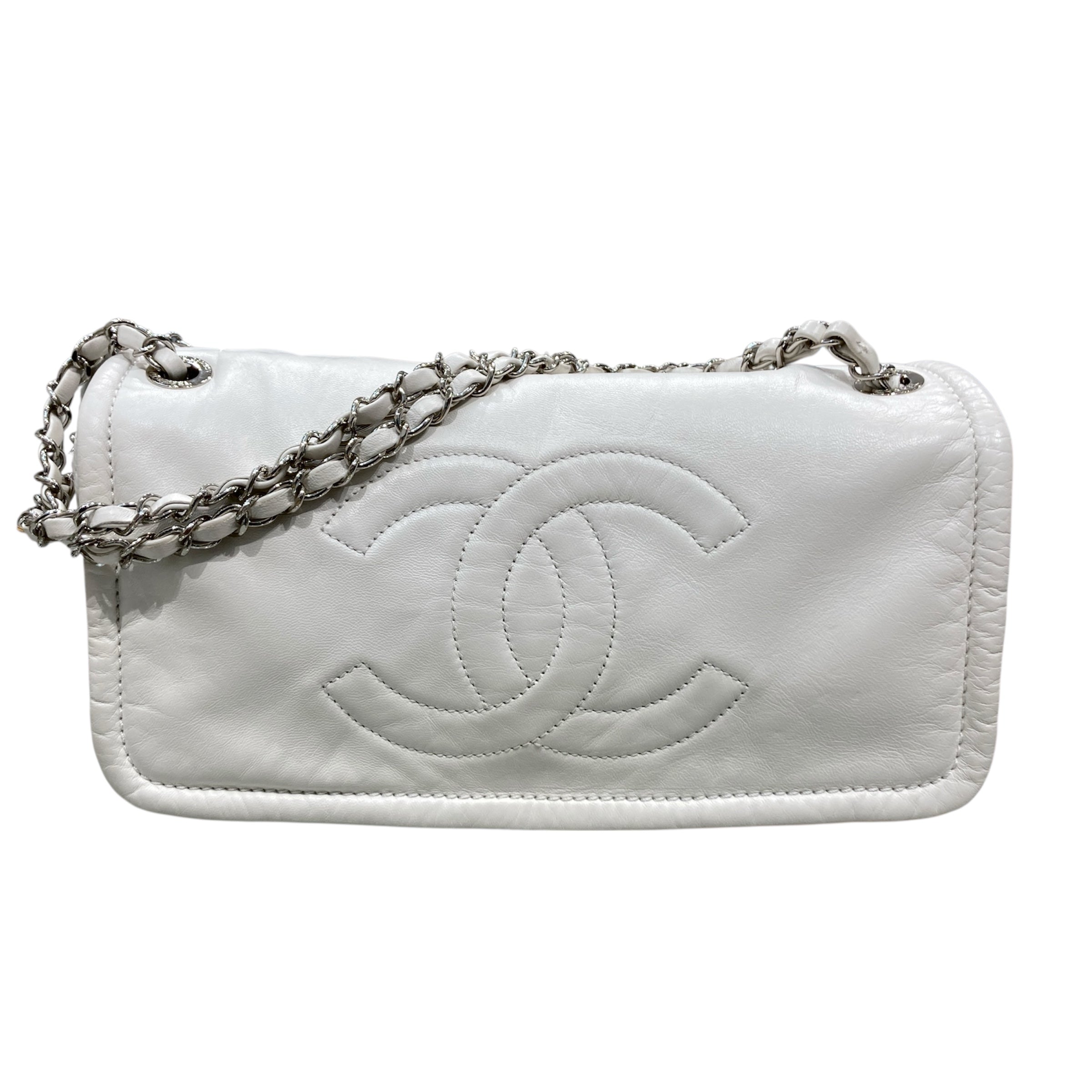 CHANEL 香奈兒 翻蓋包 手提肩背包 小牛皮 白色 銀扣