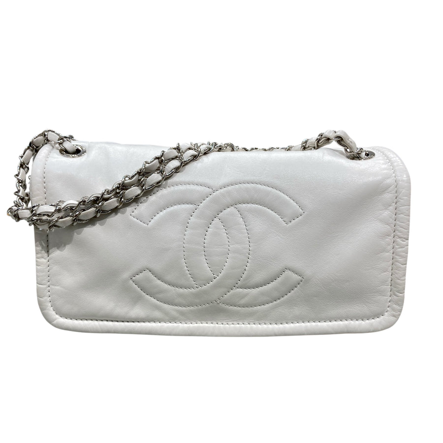 CHANEL 香奈兒 翻蓋包 手提肩背包 小牛皮 白色 銀扣