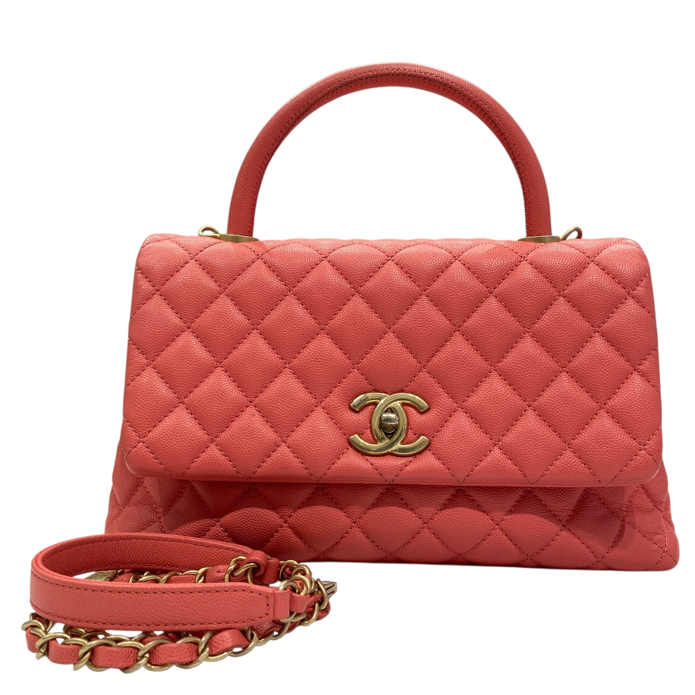 CHANEL 香奈兒 COCO HANDLE MEDIUM 荔枝牛皮 手提包 珊瑚粉色