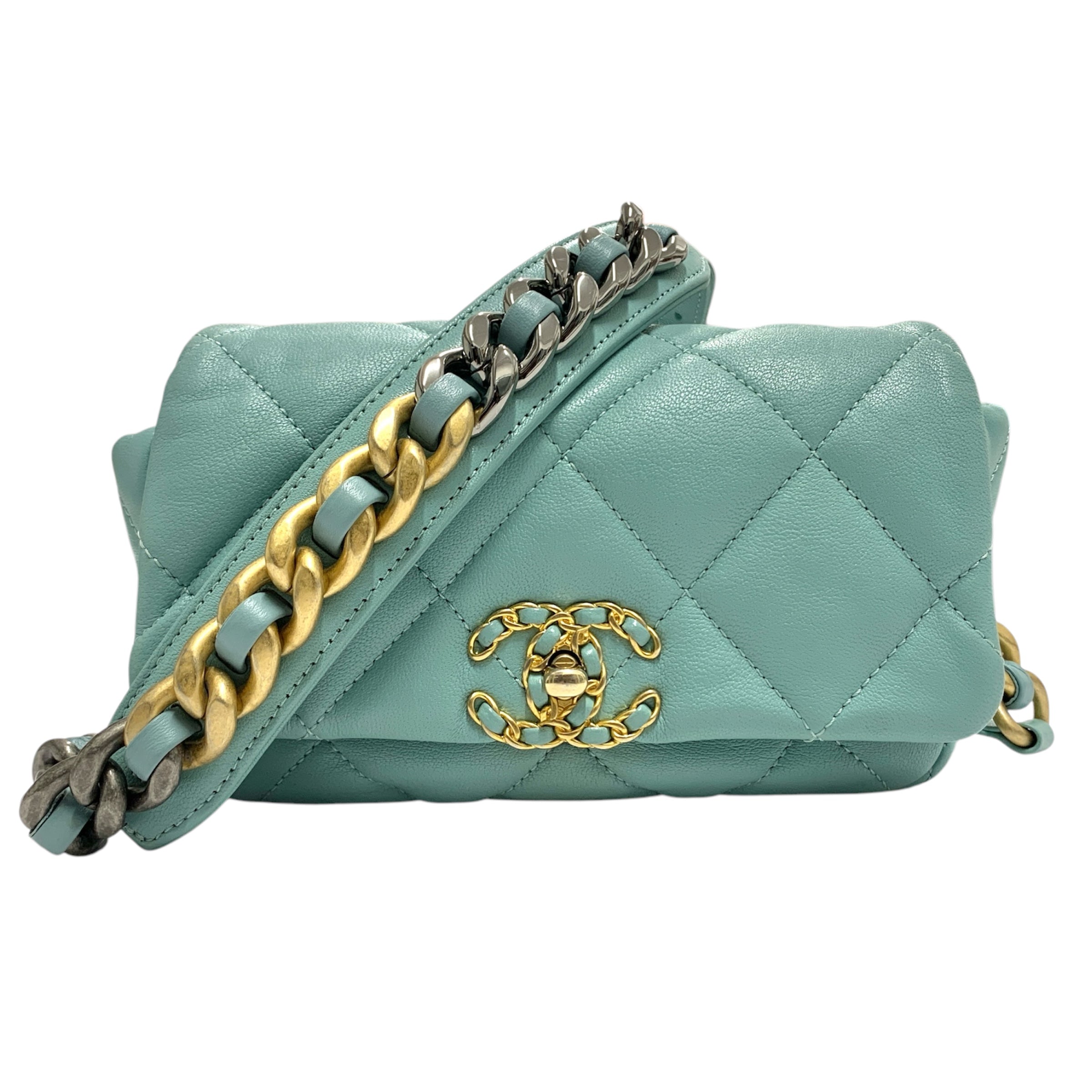 CHANEL CHANEL19 藍綠色 小羊皮 鍊條腰包