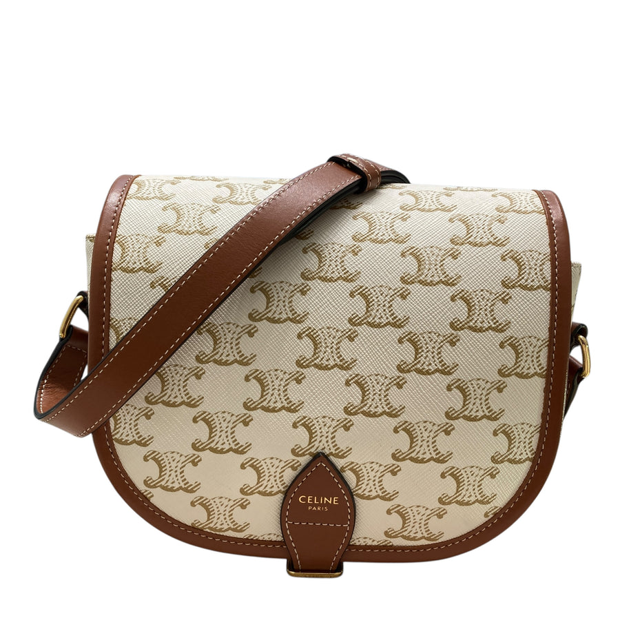CELINE 賽琳 Folco In Medium Triomphe帆布 皮革 肩背包 白色老花 金棕色