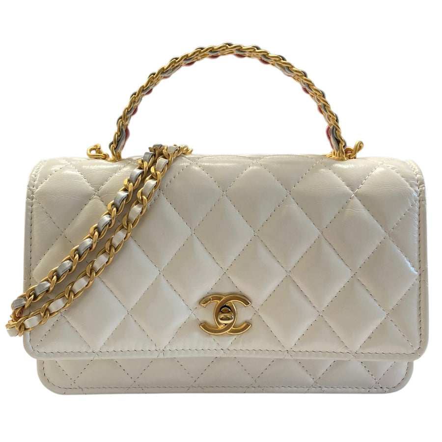 CHANEL 香奈兒 CF HANDLE 19CM 皮革 肩背包 多彩手把 白色
