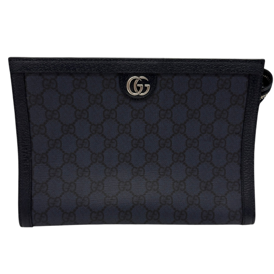 GUCCI 古馳 手拿包 深藍色老花 PVC帆布 深藍色 銀扣