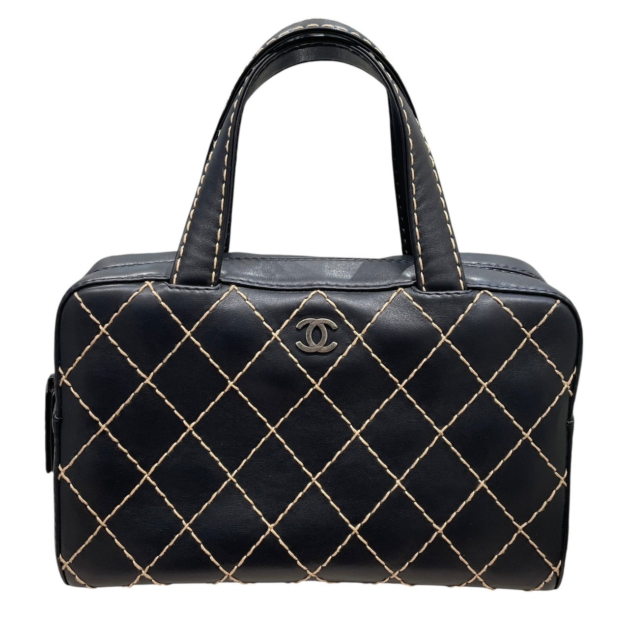 CHANEL 香奈兒 WILD STITCH 波士頓包 皮革 黑色 古銀釦