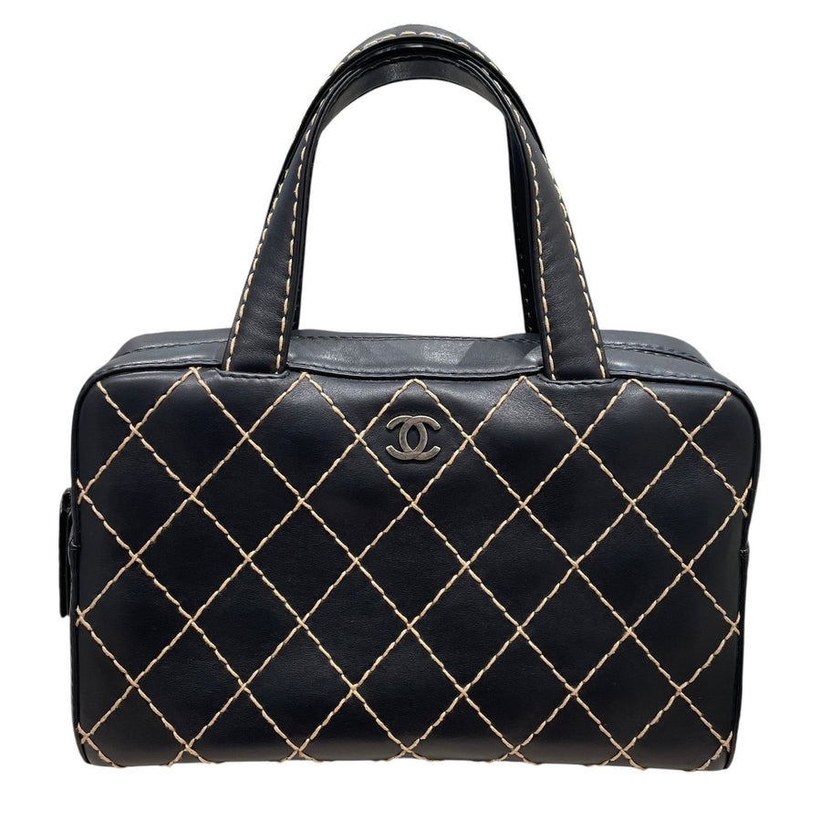 CHANEL 香奈兒 WILD STITCH 波士頓包 皮革 黑色 古銀釦