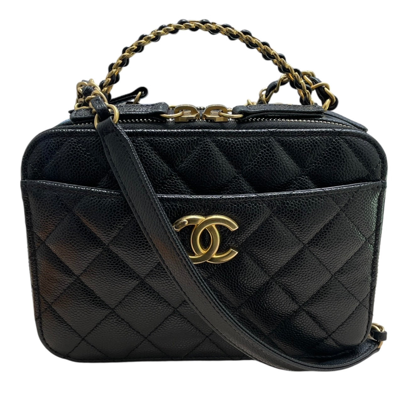 CHANEL 香奈兒 HANDLE 化妝箱包 荔枝皮 黑色 金釦