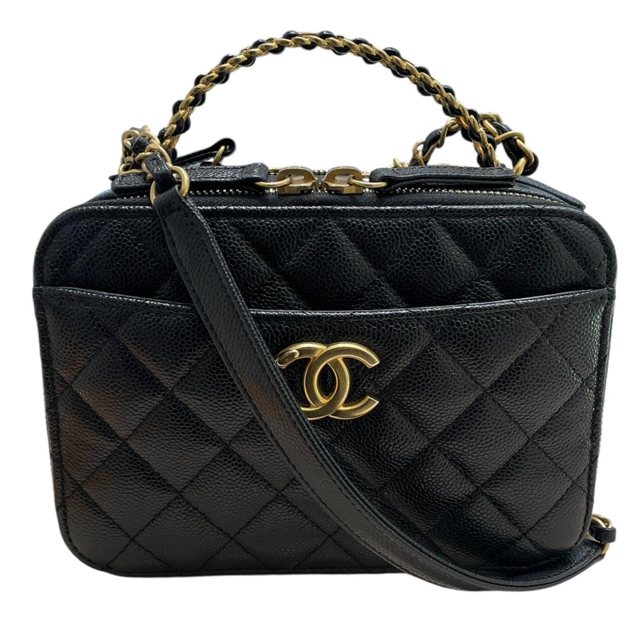 CHANEL 香奈兒 HANDLE 化妝箱包 荔枝皮 黑色 金釦