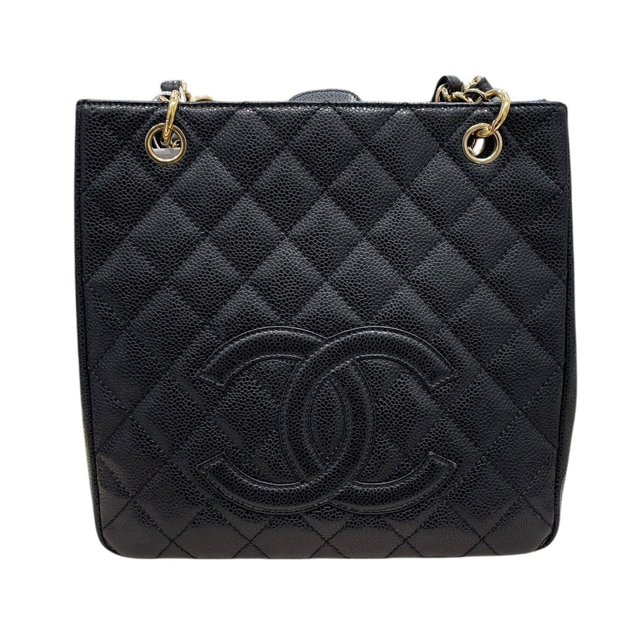 CHANEL 香奈兒 COCO 鍊條托特包 荔枝牛皮 黑色 金釦