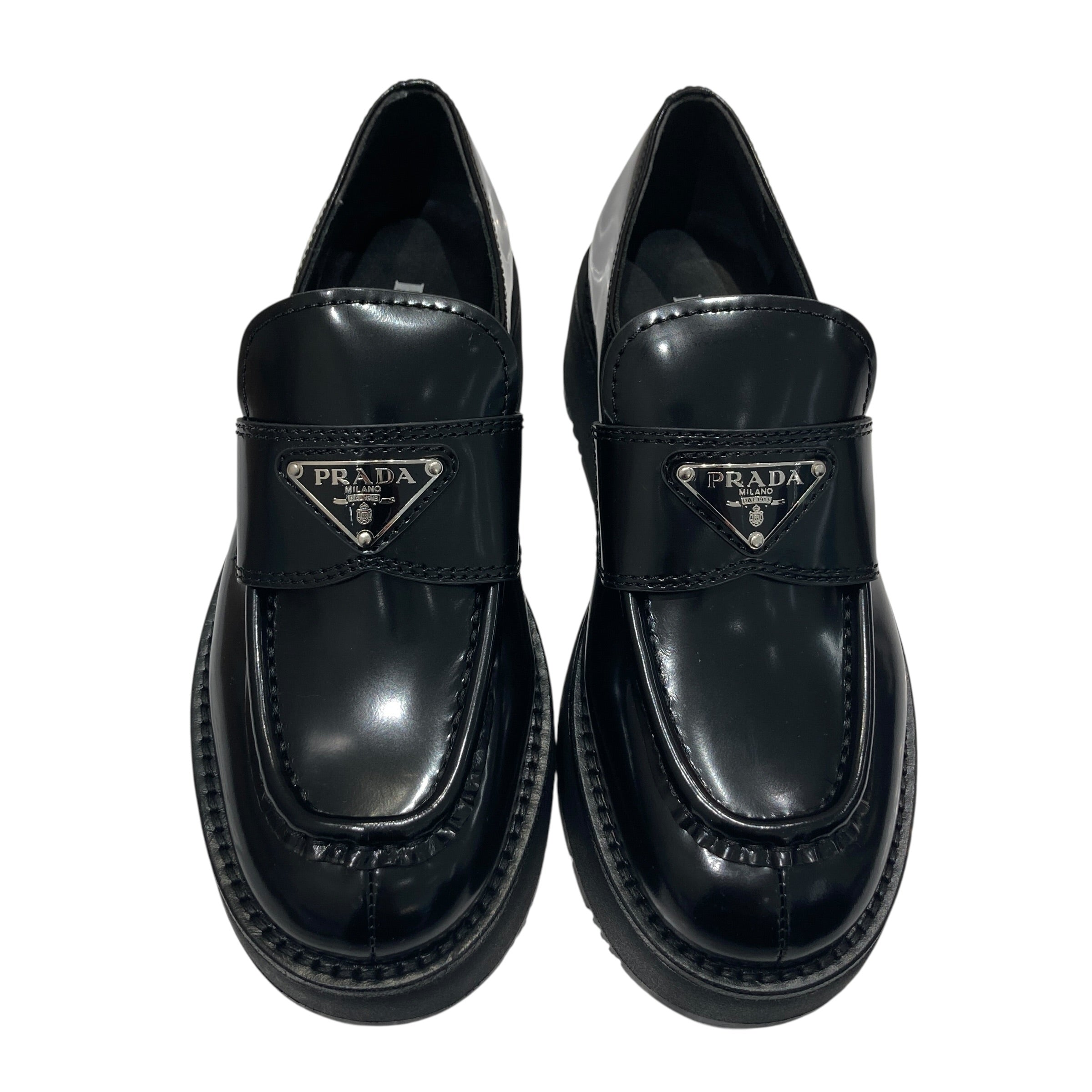 PRADA 普拉達 1D246M CHOCOLATE BRUSHED LEATHER LOAFERS 樂福鞋 拋光皮革 黑色