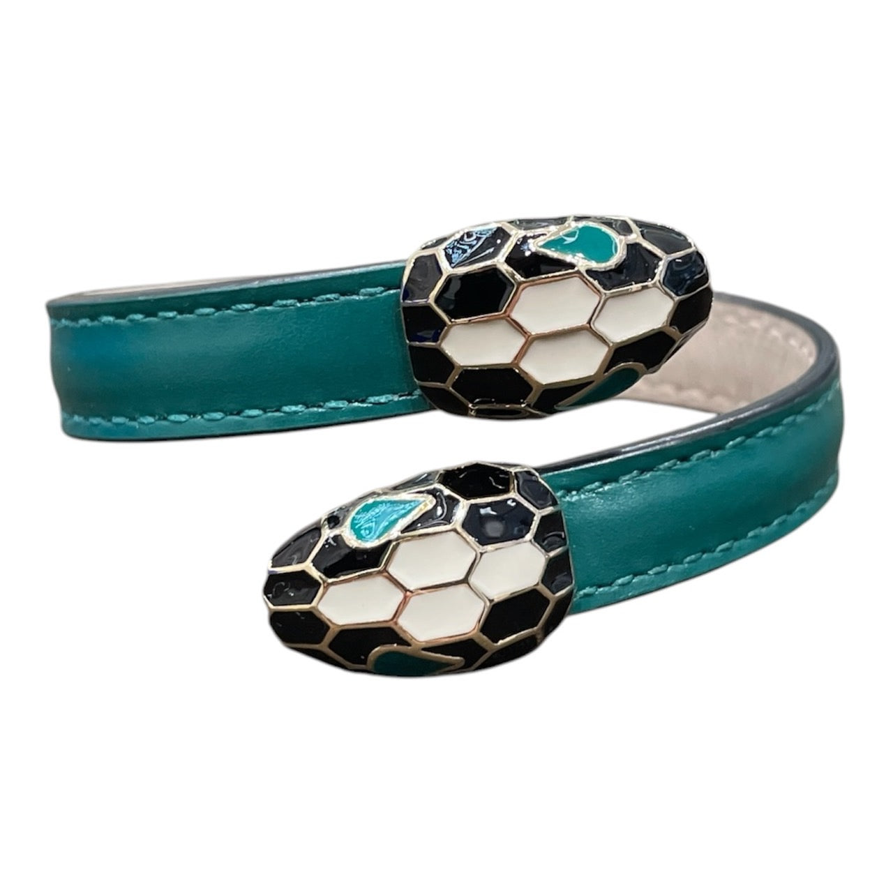 BVLGARI 寶格麗 SERPENTI FOREVER 雙頭琺瑯手環 皮革 祖母綠色