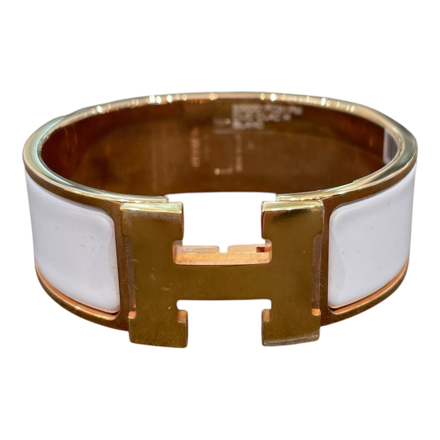 HERMES 愛馬仕 CLIC CLAC H 寬版手環 合金/琺瑯 白色 玫瑰金釦
