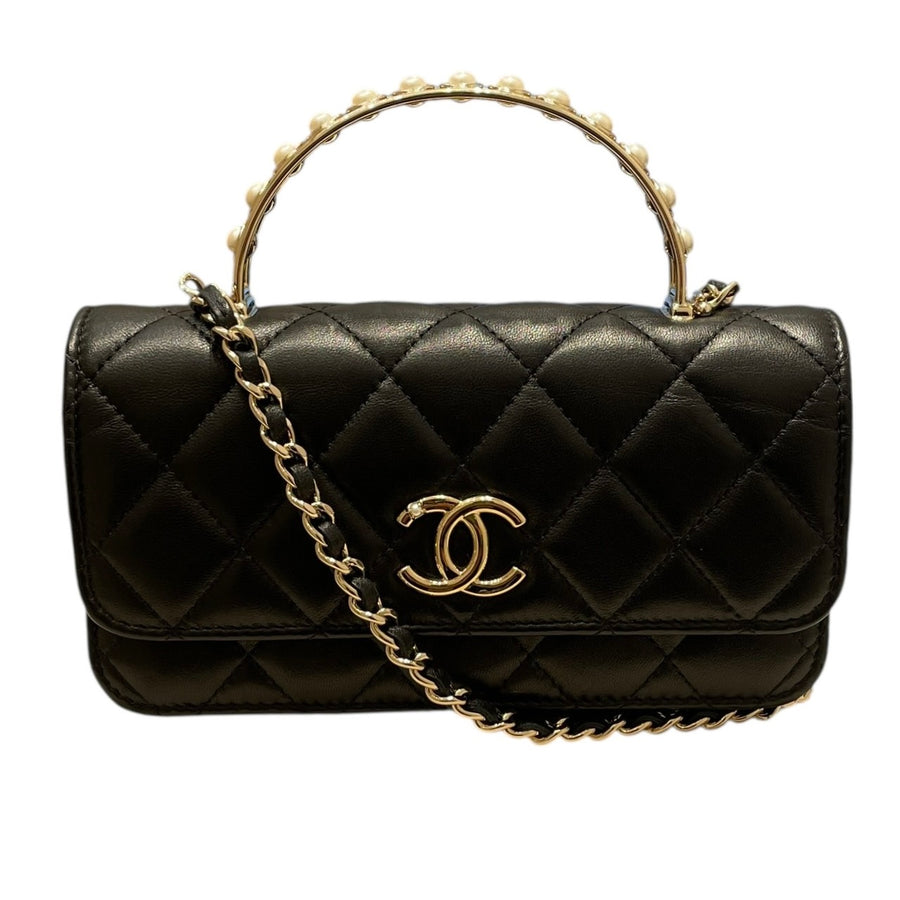 CHANEL 香奈兒 COCO HANDEL 珍珠裝飾迷你包 皮革 黑色 金釦
