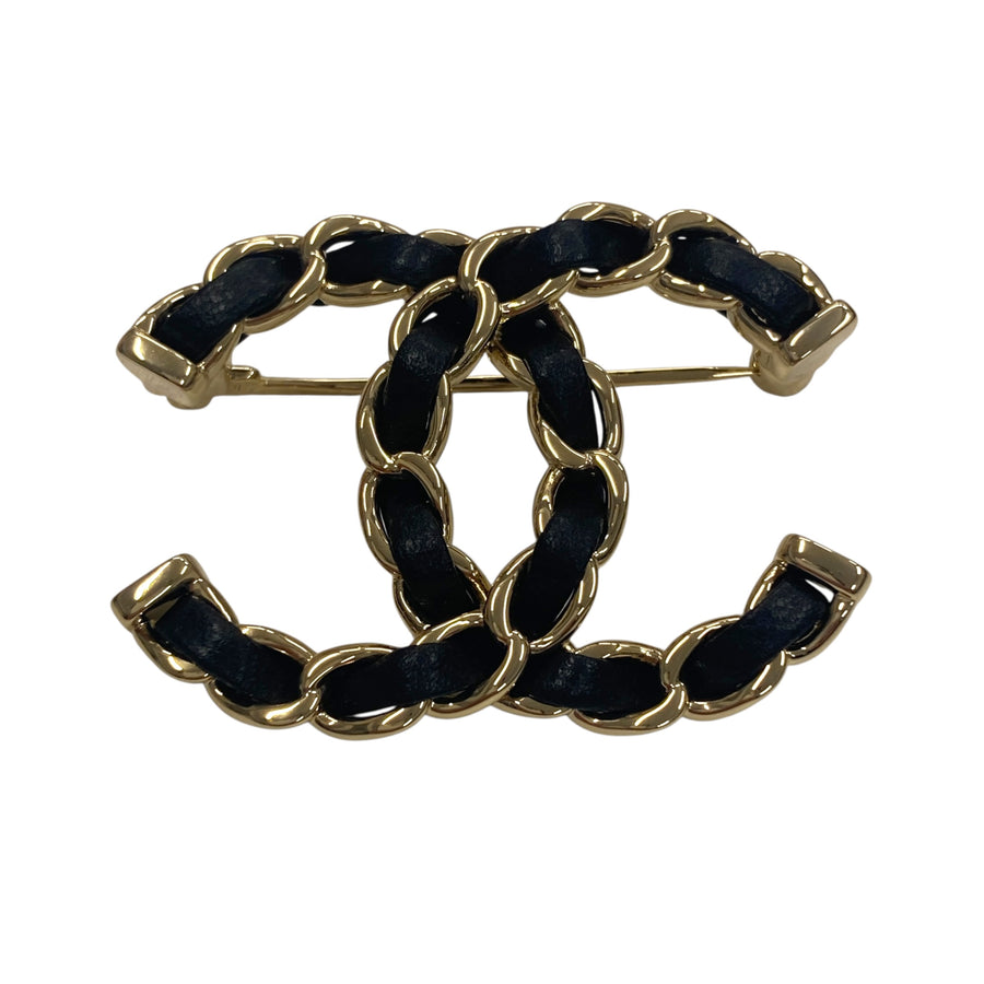 CHANEL 香奈兒 CC LOGO 經典雙C 黑色皮革穿鍊 金色胸針