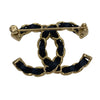 CHANEL 香奈兒 CC LOGO 經典雙C 黑色皮革穿鍊 金色胸針