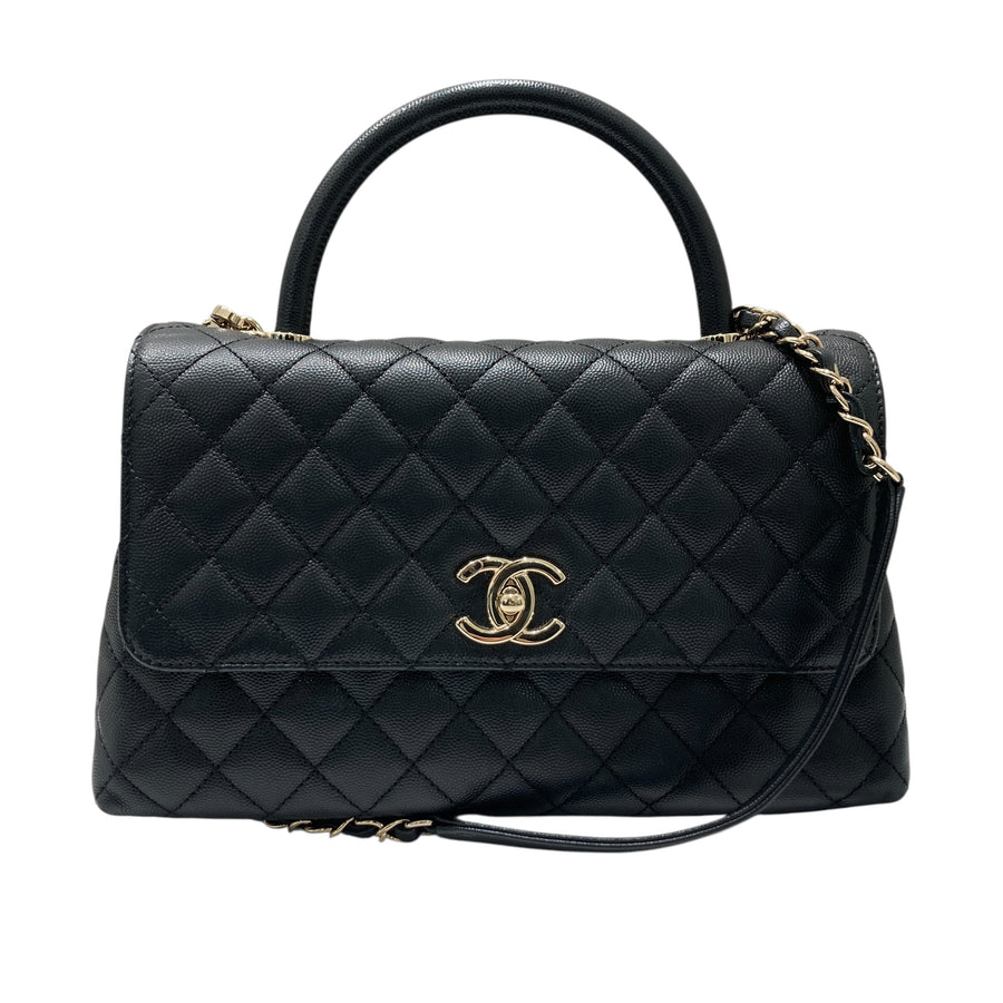 CHANEL 香奈兒 A92991 COCO HANDLE 中款手把口蓋包 粒紋小牛皮 黑色 淺金釦