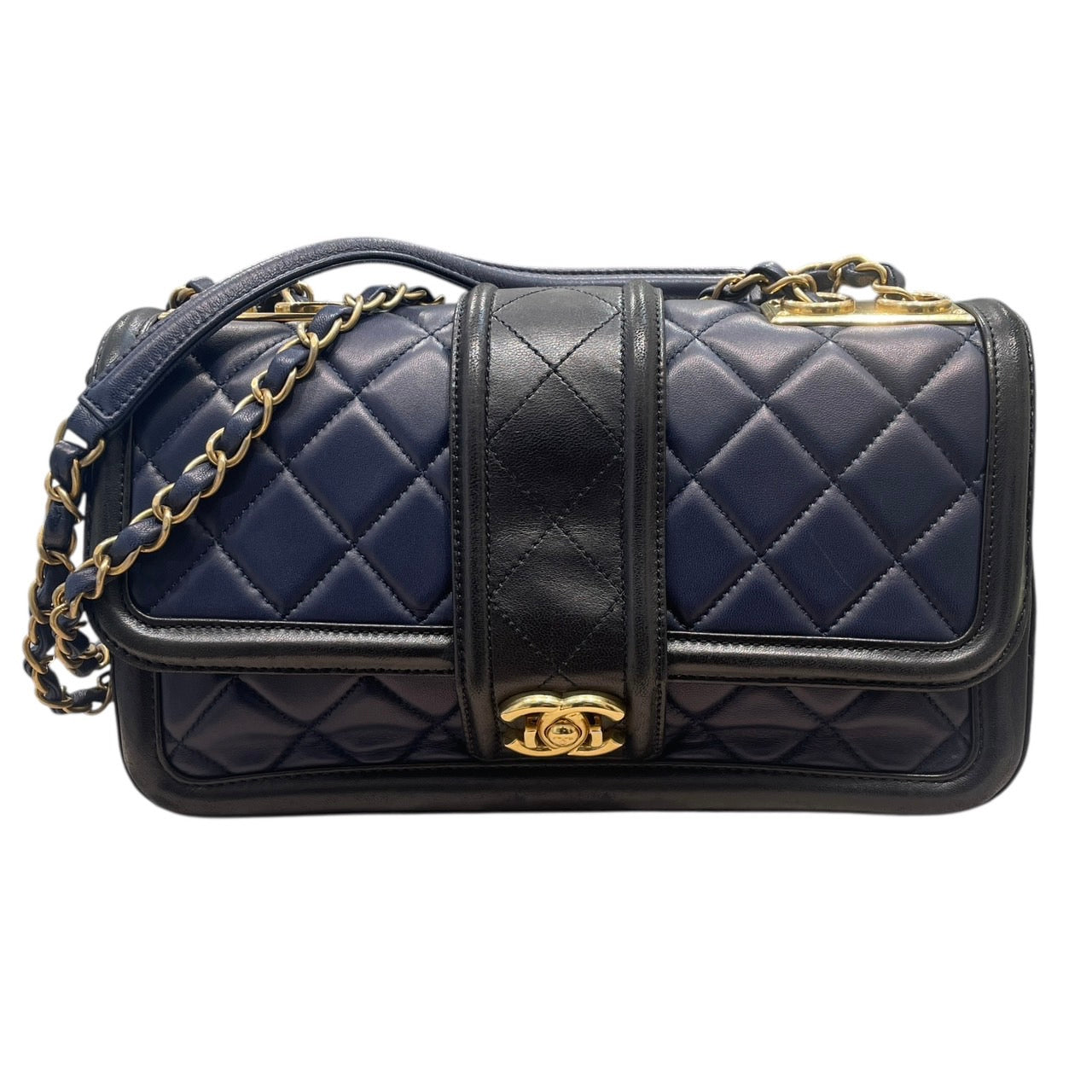 CHANEL 香奈兒 ELEGANT CC 肩背包 羊皮 深藍色 金釦