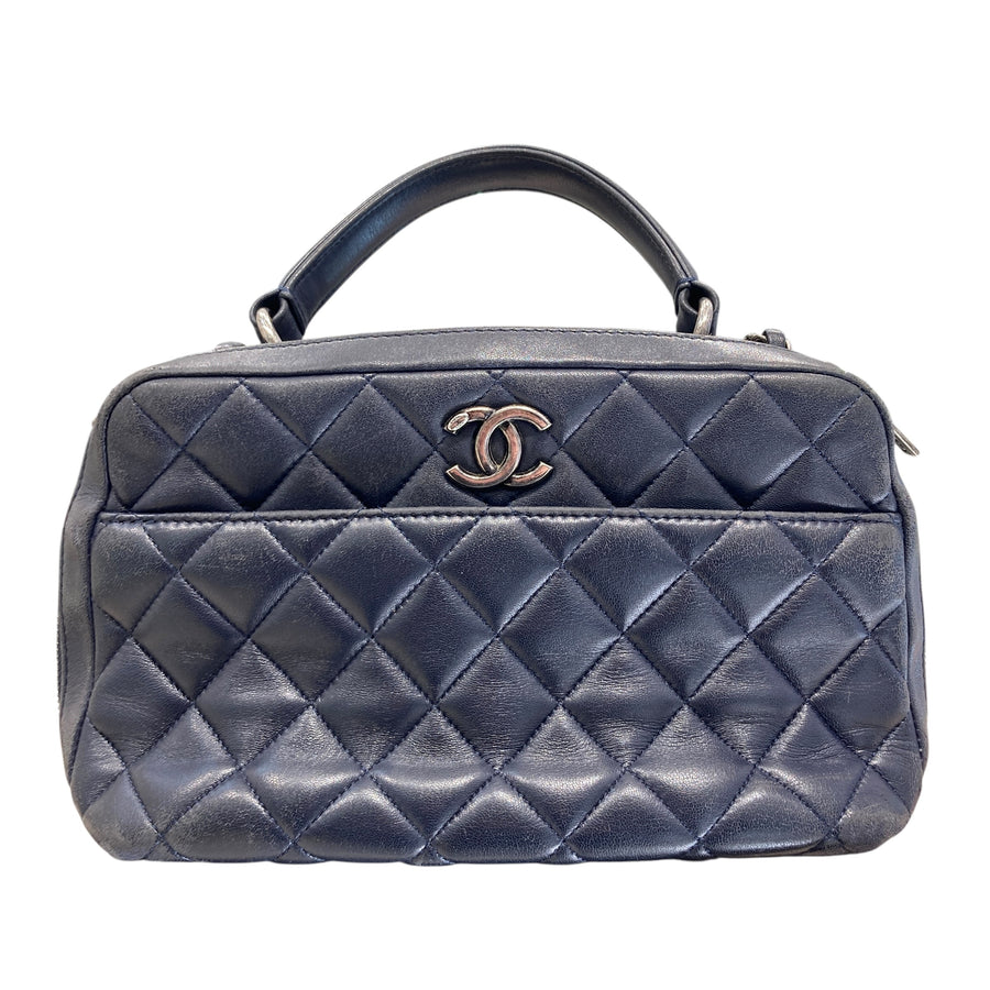 CHANEL 香奈兒 TRENDY CC 菱格紋羊皮保齡球包 小羊皮  海軍藍  銀扣