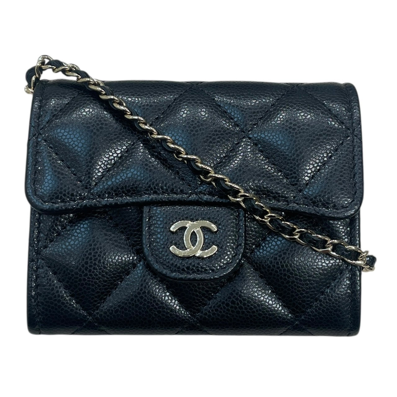 CHANEL 香奈兒 AP0238 鏈條小卡夾 荔枝牛皮 黑色 金釦