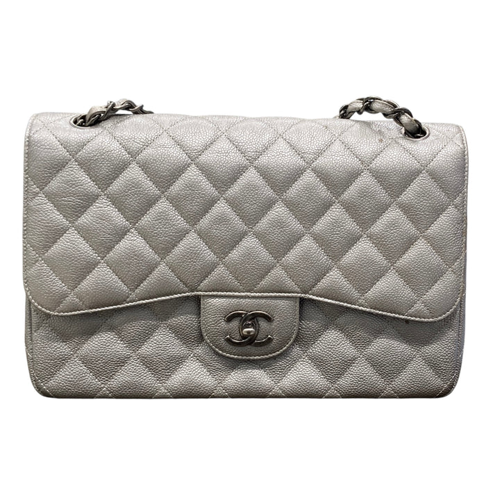 CHANEL 香奈兒 MATELASSE 30 菱格紋經典雙蓋口肩背包 荔枝牛皮 銀色 銀扣